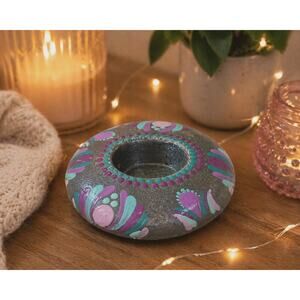Purple Teal Mandala Tealight Holder, Hand Painted Cement Decor